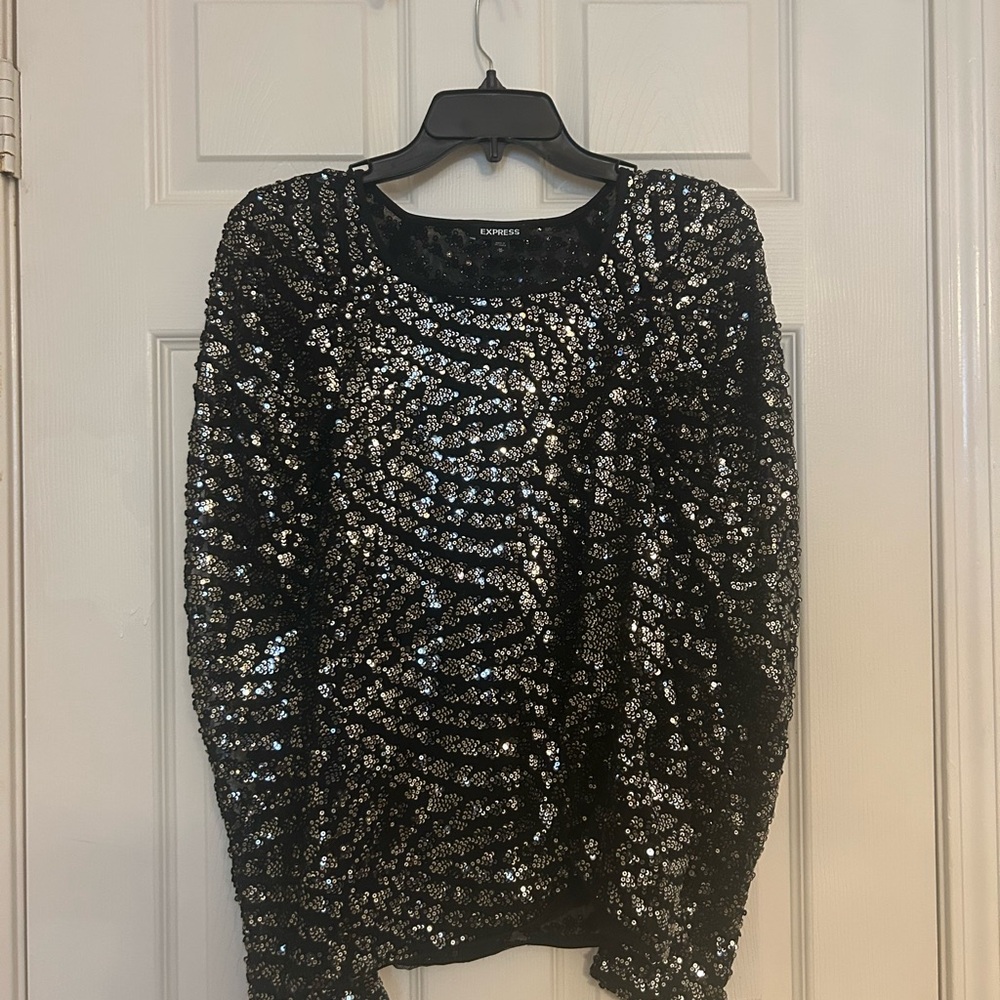 Express Glittering Black and Silver Sequin Sweatshirt